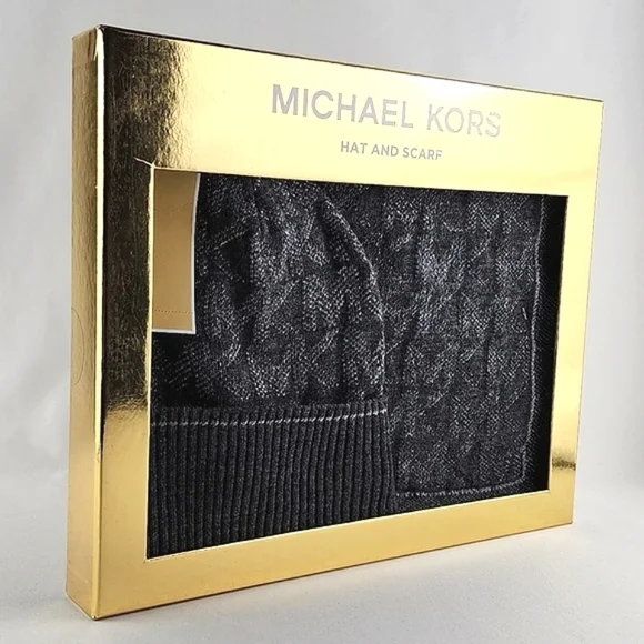 MICHAEL Michael Kors Women's Hat  & Scarf Gift Box Set MK Monogram Silver OS - Picture 9 of 11